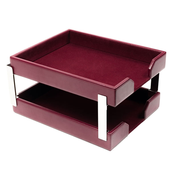 Dacasso Burgundy Bonded Leather Double Letter Trays Silver