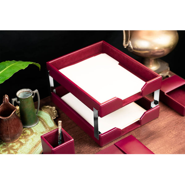 Dacasso Burgundy Bonded Leather Double Letter Trays Silver