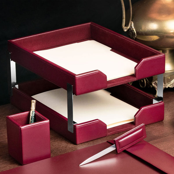 Dacasso Burgundy Bonded Leather Double Letter Trays Silver