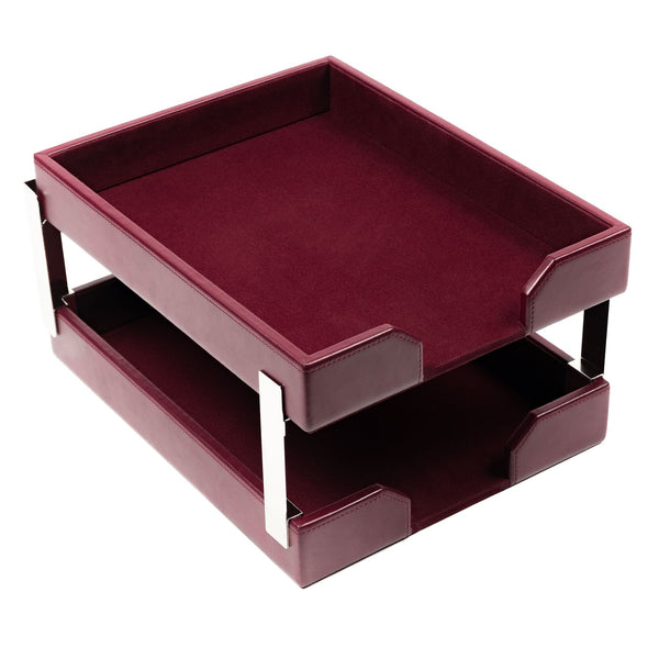 dacasso Burgundy Bonded Leather Double Letter Trays Silver