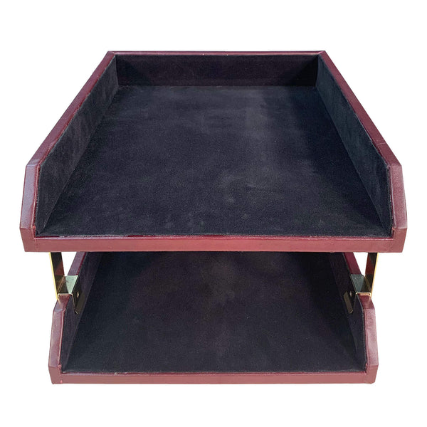 Dacasso Burgundy Leather Letter Trays Stacking Set Gold