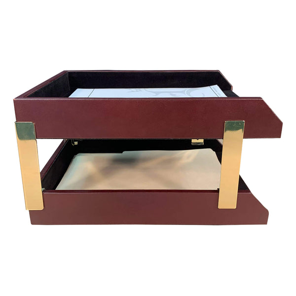 Dacasso Burgundy Leather Letter Trays Stacking Set Gold