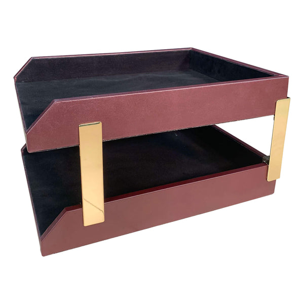 Dacasso Burgundy Leather Letter Trays Stacking Set Gold
