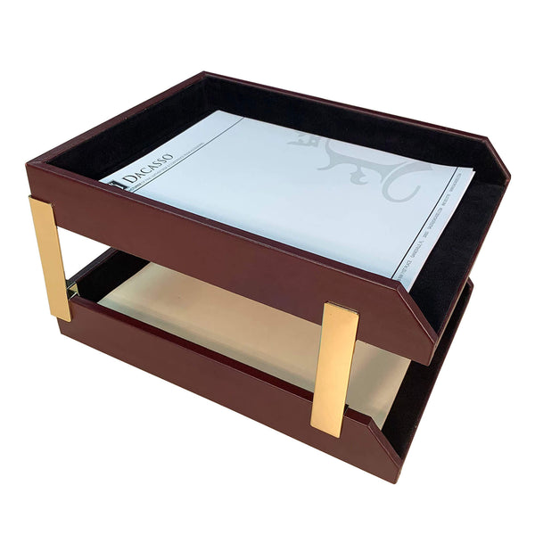 dacasso Burgundy Leather Letter Trays Stacking Set Gold