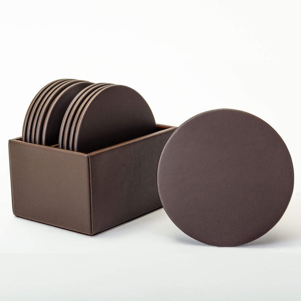 Dacasso Chocolate Brown Leather 10 Round Coaster Set W/ Holder