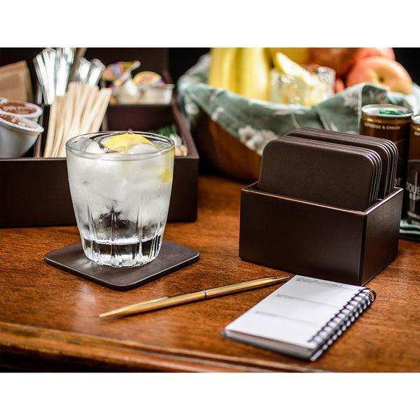 Dacasso Chocolate Brown Leather 10 Square Coaster Set W/ Holder