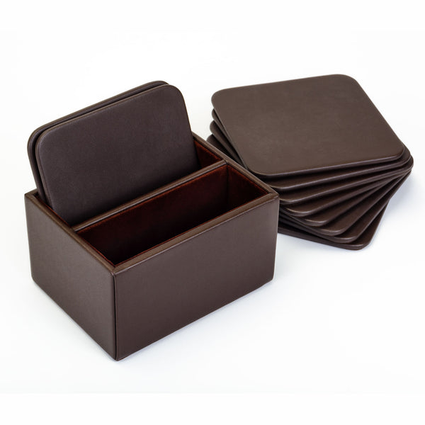 Dacasso Chocolate Brown Leather 10 Square Coaster Set W/ Holder