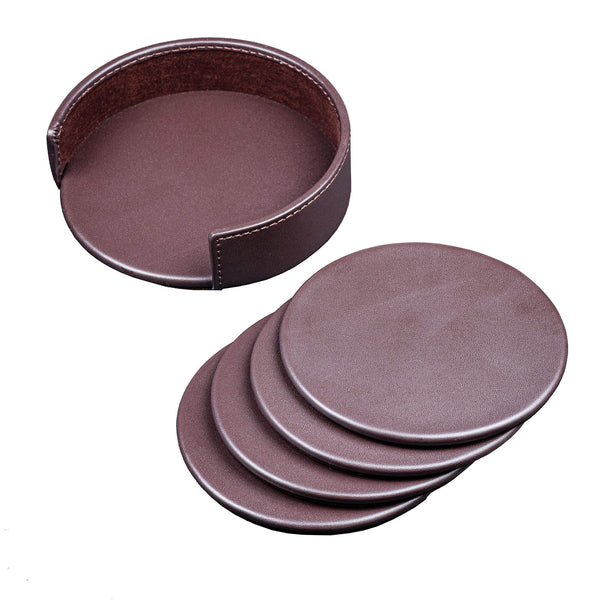 dacasso Chocolate Brown Leather 4 Round Coaster Set w/ Holder