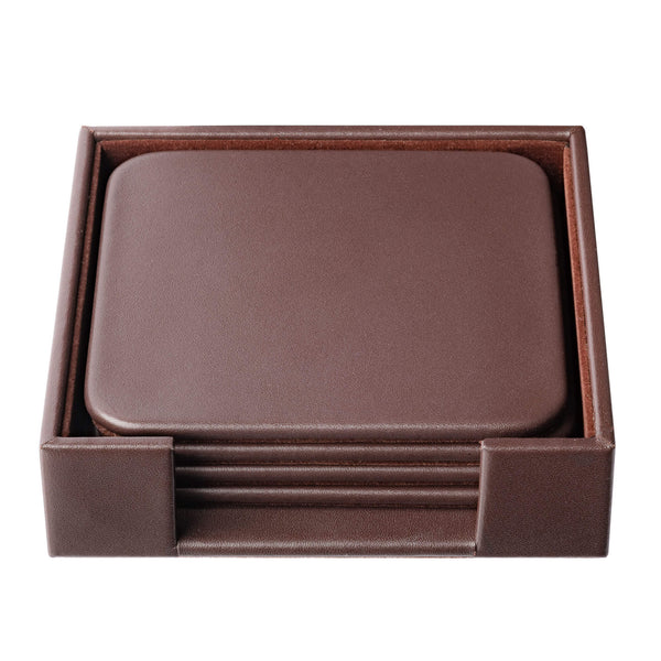 dacasso Chocolate Brown Leather 4 Square Coaster Set w/ Holder