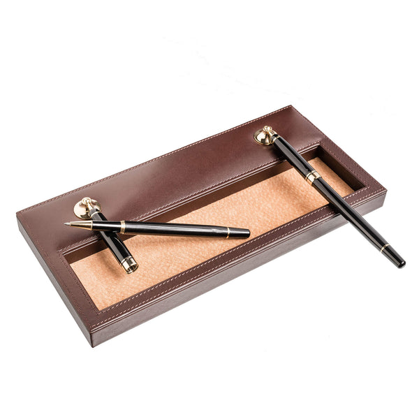 Dacasso Chocolate Brown Leather Double Pen Stand With Gold Accents