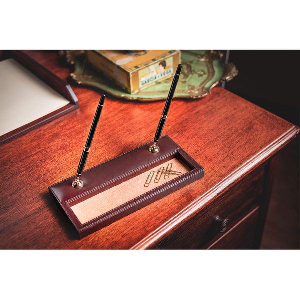 Dacasso Chocolate Brown Leather Double Pen Stand With Gold Accents