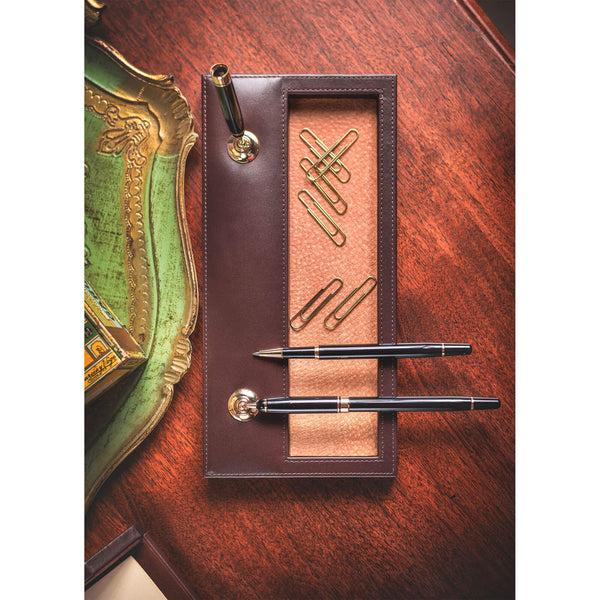 Dacasso Chocolate Brown Leather Double Pen Stand With Gold Accents