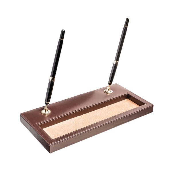 dacasso Chocolate Brown Leather Double Pen Stand with Gold Accents