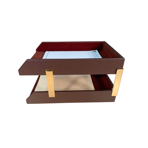 Dacasso Chocolate Brown Leather Letter Trays Legal Stacking Set Gold