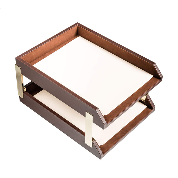 Dacasso Chocolate Brown Leather Letter Trays Stacking Set Gold