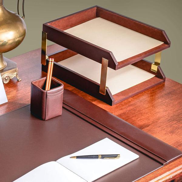 Dacasso Chocolate Brown Leather Letter Trays Stacking Set Gold