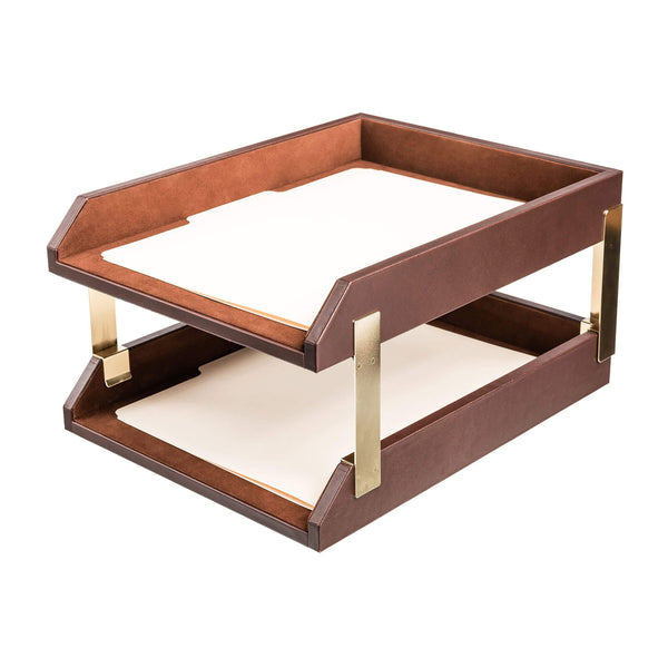 dacasso Chocolate Brown Leather Letter Trays Stacking Set Gold