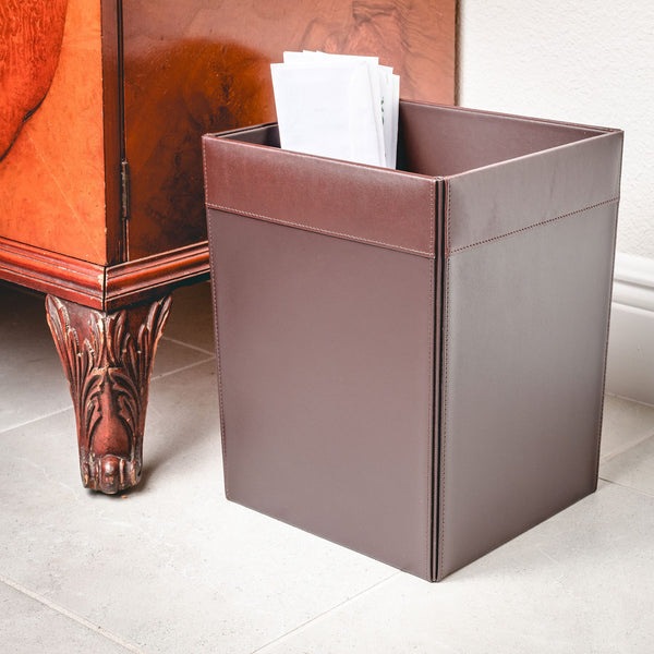 Dacasso Chocolate Brown Leather Square Waste Basket 14 Qt