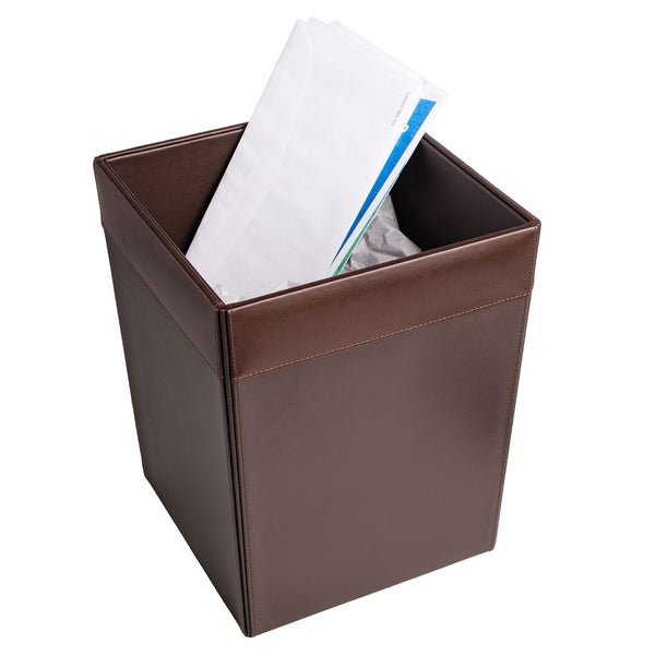 Dacasso Chocolate Brown Leather Square Waste Basket 14 Qt