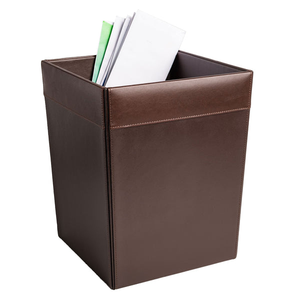 dacasso Chocolate Brown Leather Square Waste Basket 14 Qt