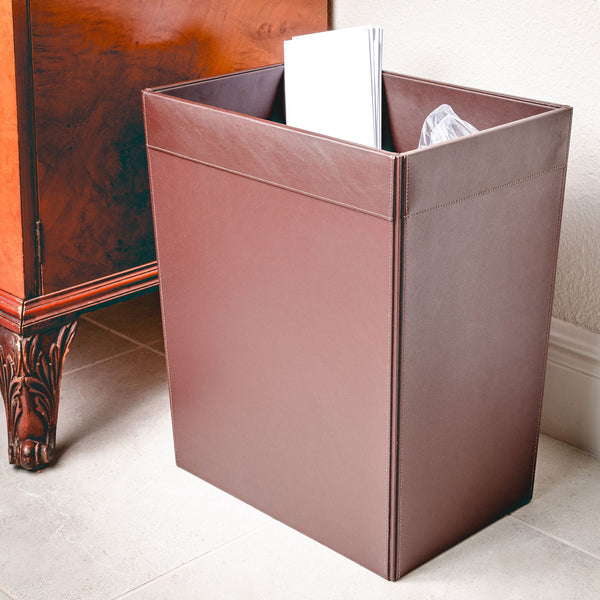 Dacasso Chocolate Brown Leather Square Waste Basket 32 Qt