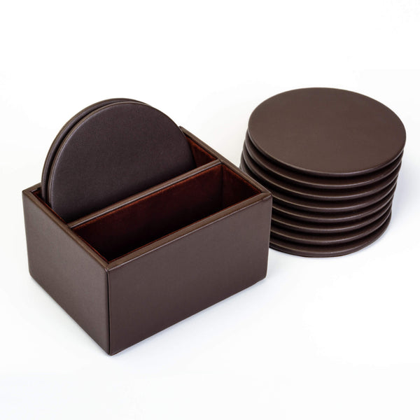 Dacasso Chocolate Brown Leatherette 10 Round Coaster Set W/ Holder