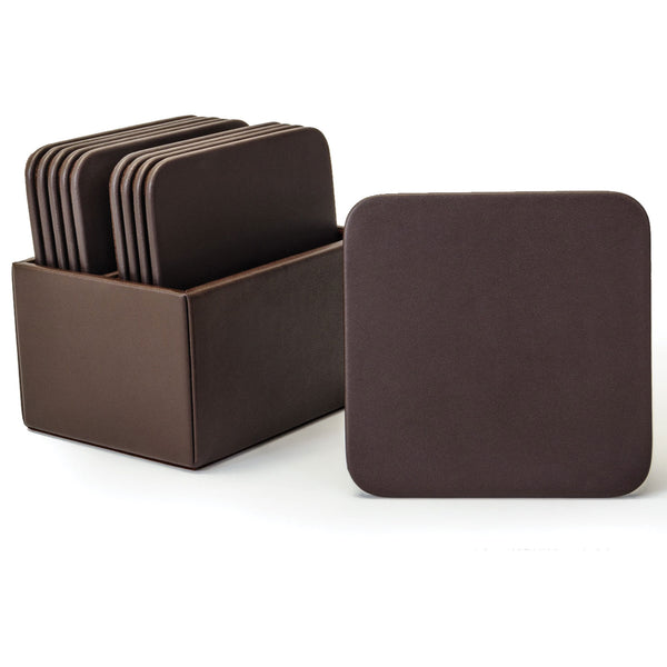 Dacasso Chocolate Brown Leatherette 10 Square Coaster Set W/ Holder