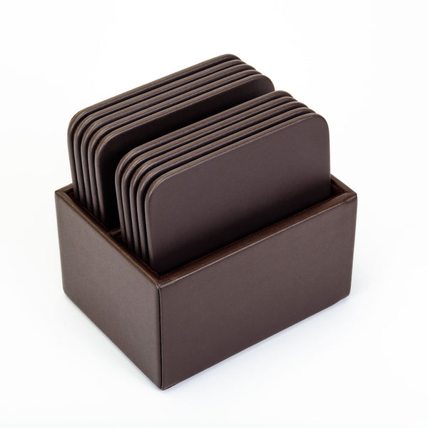 dacasso Chocolate Brown Leatherette 10 Square Coaster Set w/ Holder