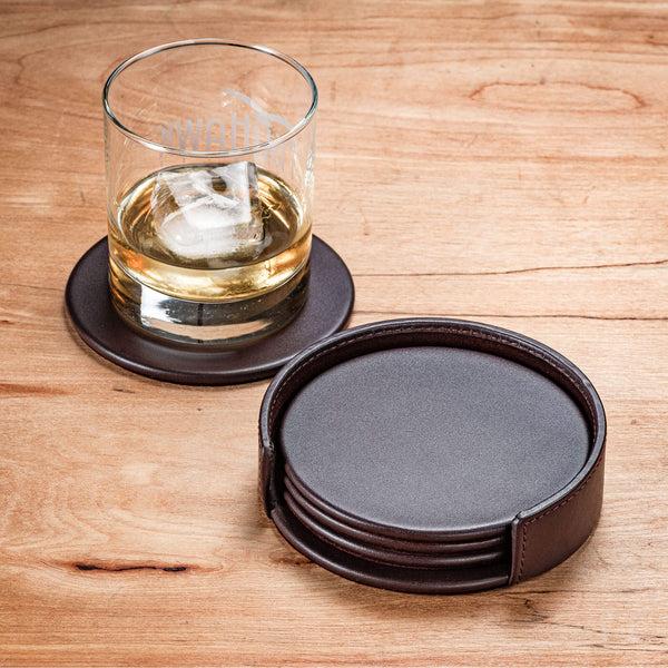 Dacasso Chocolate Brown Leatherette 4 Round Coaster Set W/ Holder