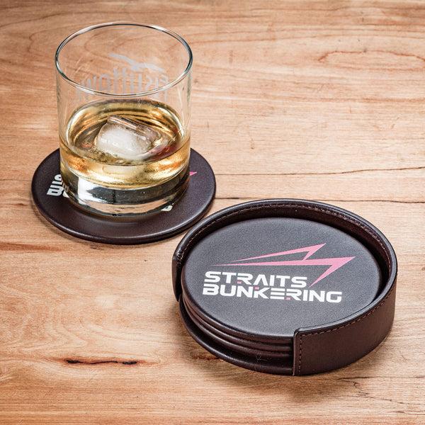 Dacasso Chocolate Brown Leatherette 4 Round Coaster Set W/ Holder