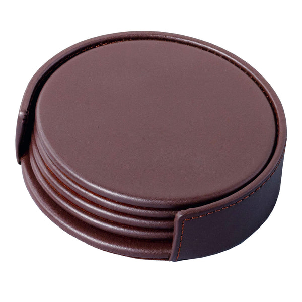 dacasso Chocolate Brown Leatherette 4 Round Coaster Set w/ Holder