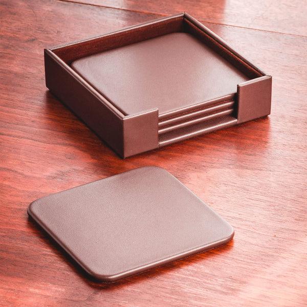 Dacasso Chocolate Brown Leatherette 4 Square Coaster Set W/ Holder
