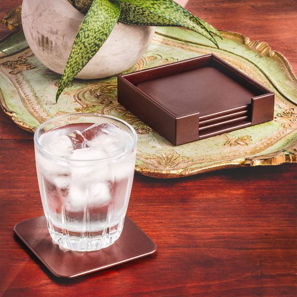 Dacasso Chocolate Brown Leatherette 4 Square Coaster Set W/ Holder