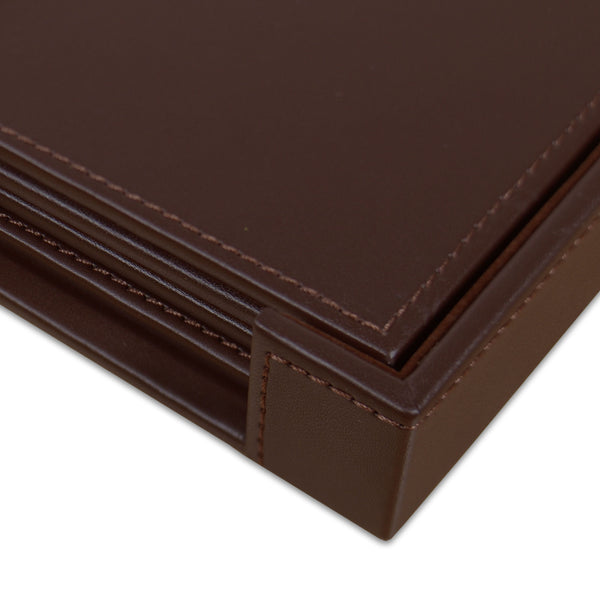 Dacasso Chocolate Brown Leatherette 4 Square Coaster Set W/ Brown Tone-on-Tone Stitching And Holder