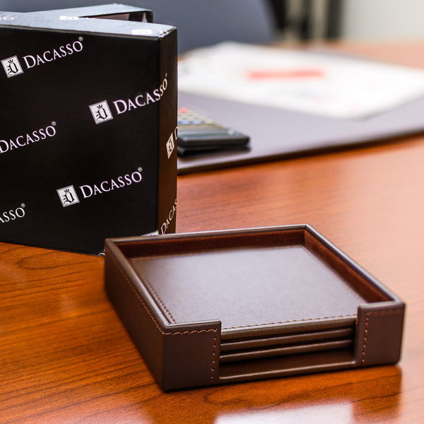 Dacasso Chocolate Brown Leatherette 4 Square Coaster Set W/ Brown Tone-on-Tone Stitching And Holder