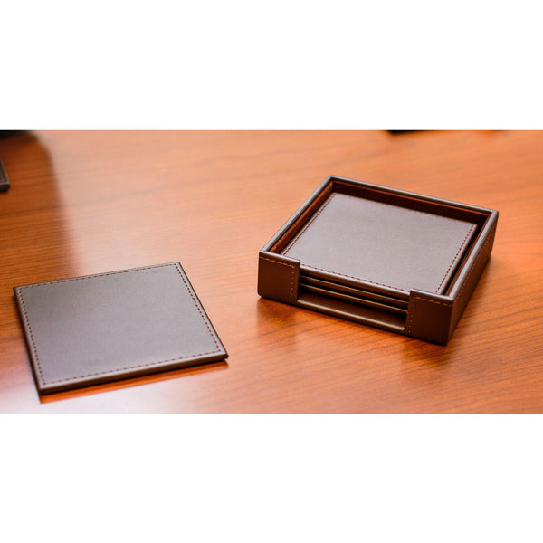 Dacasso Chocolate Brown Leatherette 4 Square Coaster Set W/ Brown Tone-on-Tone Stitching And Holder