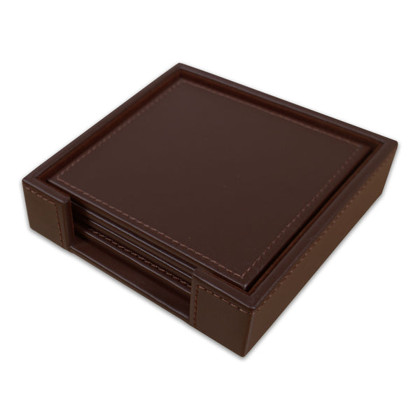 dacasso Chocolate Brown Leatherette 4 Square Coaster Set w/ Brown Tone-on-Tone Stitching and Holder