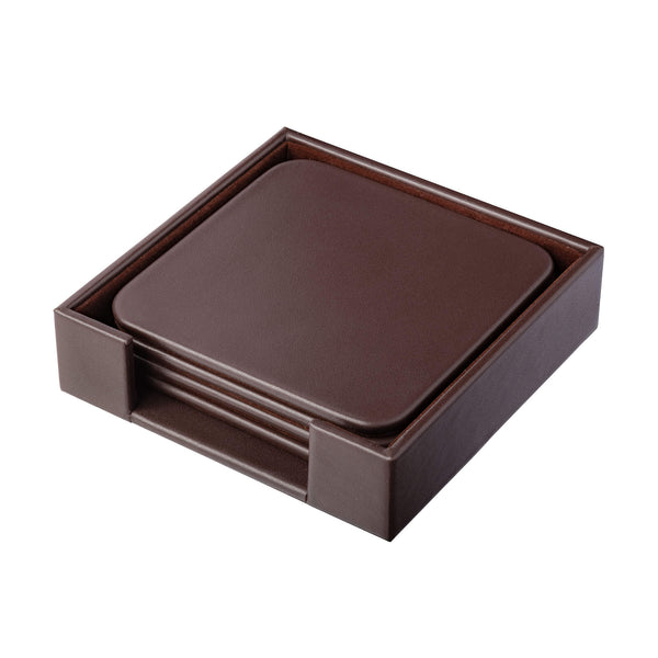 dacasso Chocolate Brown Leatherette 4 Square Coaster Set w/ Holder