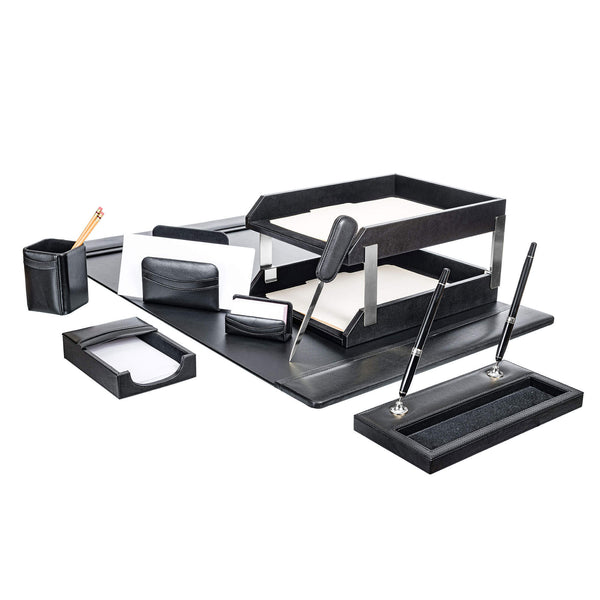 Dacasso Classic Black Leather 10-Piece Desk Set Silver Accent