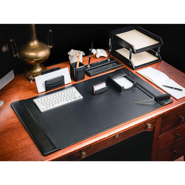 Dacasso Classic Black Leather 10-Piece Desk Set Silver Accent
