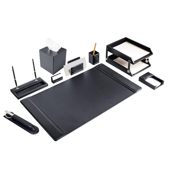 Dacasso Classic Black Leather 11-Piece Desk Set Silver Accent