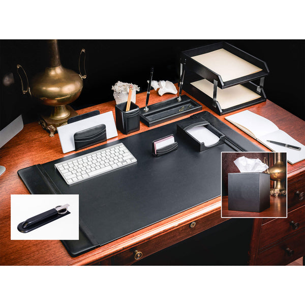 Dacasso Classic Black Leather 11-Piece Desk Set Silver Accent