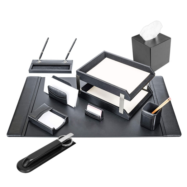 dacasso Classic Black Leather 11-Piece Desk Set Silver Accent