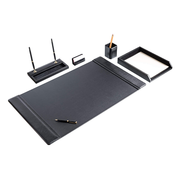 Dacasso Classic Black Leather 5-Piece Desk Set Gold Accent