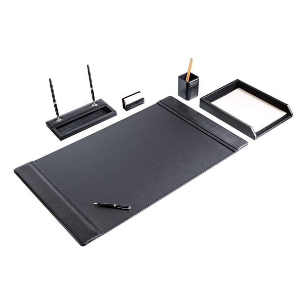 Dacasso Classic Black Leather 5-Piece Desk Set Silver Accent