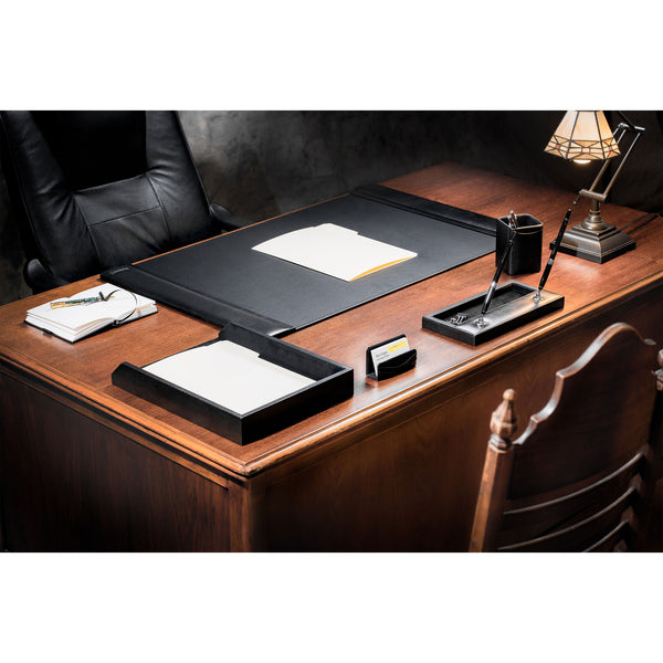 Dacasso Classic Black Leather 5-Piece Desk Set Silver Accent