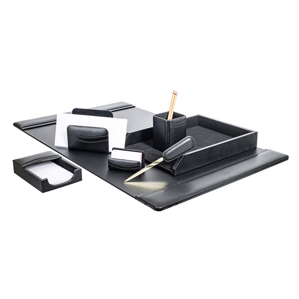 Dacasso Classic Black Leather 7-Piece Desk Set Gold Accent