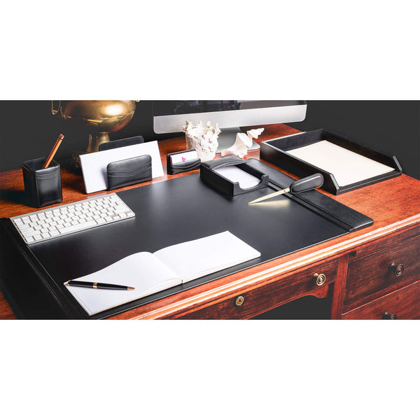 Dacasso Classic Black Leather 7-Piece Desk Set Gold Accent