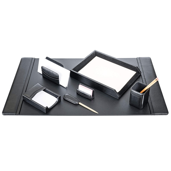 dacasso Classic Black Leather 7-Piece Desk Set Gold Accent