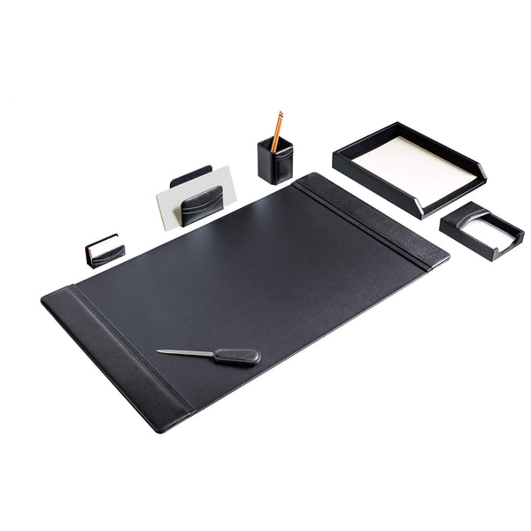 Dacasso Classic Black Leather 7-Piece Desk Set Silver Accent